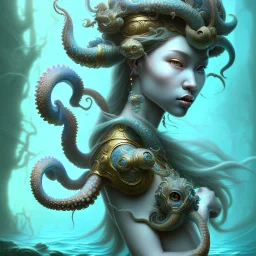 Sango fantasy, fantasy magic, intricate, sharp focus, illustration, highly detailed, digital painting, concept art, matte, art germ and Paul Lewin and Kehinde Wiley, masterpiece Japanese mermaid head bronze octopus' Asian African girl nice breast Thai hair turquoise silver blue under water