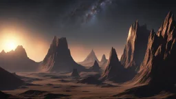 4k, hyper-realistic, Ultra-HD, Ray-tracing, Alien planet, mountainous, Stars, Dark, Monolith, space