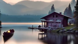 A rustic cabin nestled on the edge of a pristine forest lake, its wooden walls weathered by time. The soft morning light bathes the scene, casting a golden glow. Smoke lazily rises from the chimney, and a vintage rowboat rests by the shore, inviting adventure.