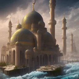 landscape, a mosque on the river, anime art, a future city, quran, and cinematic license.