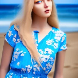 Beautiful sunny face woman blue eyes long blond hair in an hippy blue flower dress on a beach, unreal engine, 4k