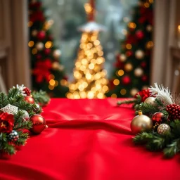 Beautiful Top Angle View Of A Table With Beautiful Christmas Ornaments On Both Sides Leaving The Center Of Table Empty With Red Silky Cloth With Beautiful Bokeh Background.