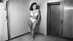 [photo by Russ Meyer, in the locker room of the swimming pool] she slips into her swimsuit, the door opens.