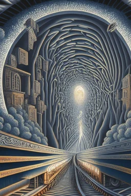 Then it comes to be that the soothing light at the end of your tunnel Was just a freight train coming your way; intricately detailed surreal optical art, award-winning,