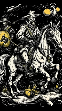 Portrait of the Don Quixote rides a horse by Van Gogh with Belarusian national symbols. noir