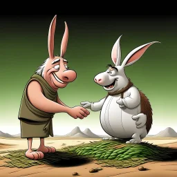 piggish cloven foot lying on stacks of money making a deal with bugs bunny in a middle of a desert