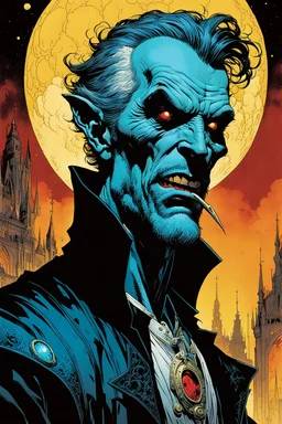 create an ethereal, otherworldly Ravnos antediluvian vampire time traveler , in the comic book art style of Mike Mignola, Bill Sienkiewicz, and Jean Giraud Moebius, with highly detailed facial features , finely inked , dramatic natural lighting