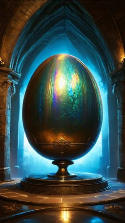 A glowing iridescent large egg in castle vault, 8k, high quality, trending art, trending on artstation, sharp focus, studio photo, intricate details, highly detailed, by greg rutkowski