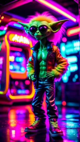 sexy stunt furry hairy alien pimp rocker gremlin in telephone both parked in dark neon lit reflective wet arcade hall tunnel,bokeh like f/0.8, tilt-shift lens 8k, high detail, smooth render, down-light, unreal engine, prize winning