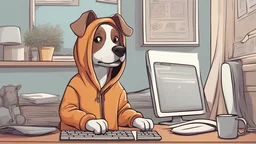 a cartoon of a dog, wearing a hoodie, typing on a computer, bedroom in the background, highly detailed, 4k