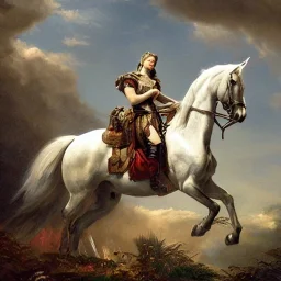 beautiful woman in armor sitting on white stallion going to war, 1800s, chiaroscuro lighting , ultra-detailed, 8k UHD, matte painting, illustration, renaissance, artwork, high-quality, intricate detail, rocco, greg rutowski, howard lyon, alphonse mucha