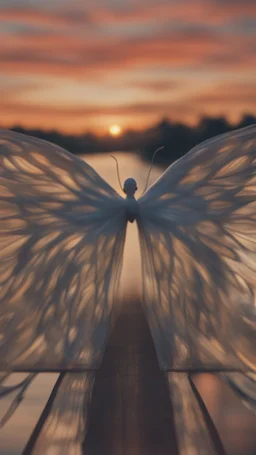 portrait up close with transparent angel wings like a butterfly on a bridge at sunset, a more intense "scream" mask from the horror movie, that looks like the original painting by Edvard Munch, bokeh like, down-light, unreal engine, prize winning