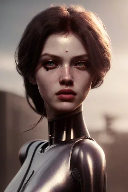 portrait,beautiful red girl robot, post-apocalyptic in a cyberpunk city, realistic, intriacte detail, sci-fi fantasy style, volumetric lighting, particales,highly detailed,cinamatic, deep