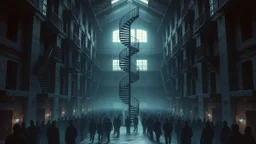 Many Stairs between walls and buildings in bleak prison, in center a big vertical spiral staircase the end of which cannot be seen, underneath many black human silhouette, dark blue and gray colors, cold, grim vibe, high detailed, surreal, dark, cinematic