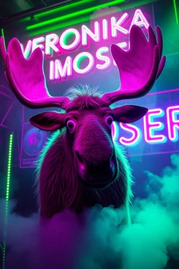 An big female moose with big eyes "Veronika Moser" performing at dance club, her name is "Moser" HAIRY FRUITS EVERYWERE On stage, Green Neon lights and smog, and "VERONIKA MOSER" big sign on the wall
