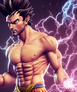 Goku, avatar, white and purple lines hair, fighting pose, muscular body, shirtless, volumetric details, hyper realism, unreal engine 5