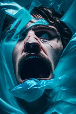 a dramatic 8k image of a person with a plastic covering the face, struggling to breath and trying to break free as it s tighly pulling over the face, chaos80