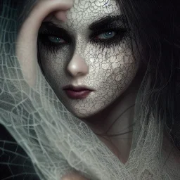 beautiful gothic woman with thick white spiderwebs on face, dark, runny mascara, 8k, high-quality, fine-detail, intricate, sharp, crisp, digital art, detailed matte, illustration, octane render, brian froud, howard lyon, Anne Dittman, Anne Stokes, Lisa Parker, Selina French