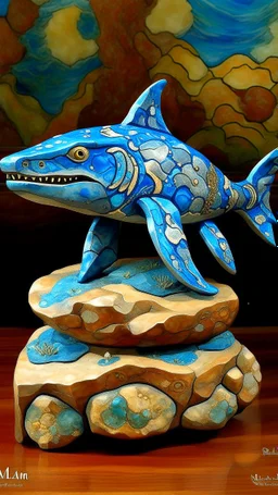 A blue water elemental shark designed in Ica stones painted by Paul Ranson