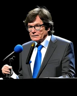 Caricature of Javier Milei, president of Argentina, with glasses, reading at a lectern with a microphone, before the pulication. Behind Javier Milei there is an Argentine flag. Colors of the image, red, black and white