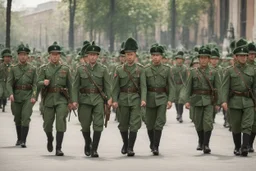 caucasian soldiers; marching in formation; facing away from camera; military parade; tight formation; shoulder to shoulder; marching along a street; green uniforms; medals and insignia; weapons in hands;