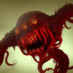 red, tentacles, eyes, teeth, monster, horror, blood, huge, scary, hyperrealism, gore, masterpiece, expert, volumetric lighting, deformed, optic focus