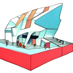 Architectural drawing of a Neofuturistic art museum, (((isometry))), ultra quality, people, treets