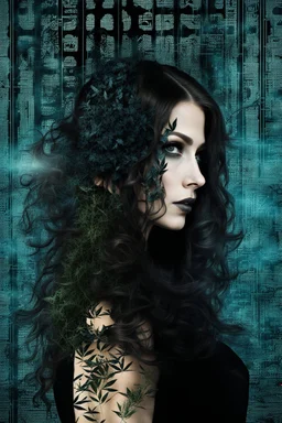 double exposure collage portrait from digital wall in the matrix with binary codes, numbers, strange dark colors plants, shadows and thin black sharp lines with shadows and dark spots. The zippered edge of the photo is down and the background is a young woman's pale face gothic make up, long, big hair. high detailed, cinematic, thriller mood, dark weird art style