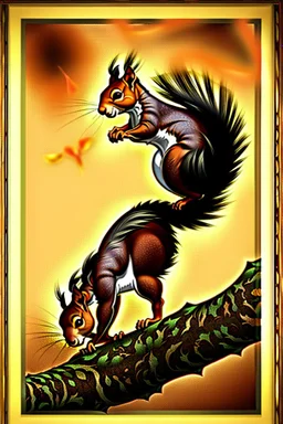 The most spectacular squirrel fight in the world in sepia with vignette and a gold frame