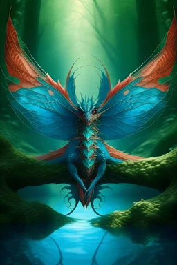 Create a realistic image of this image as a dragon with four legs in a forest with a pond.