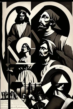 Puritan Propaganda; black and white with several shades of brown; Socialist Realism; Constructivism