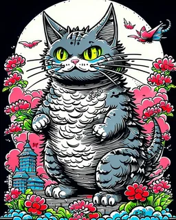 Catzilla cat Japanese Art funny cat gifts for women kid PNG,