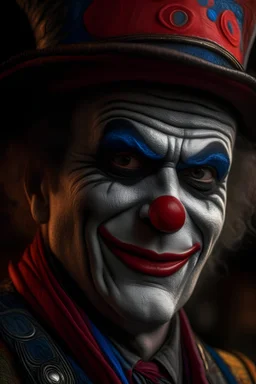 face shot, male Clown of the circus of Keira Neightly, intricate, beautiful detailed intricate, 8K, cinematic, 4k, sharp focus, concept art of detailed character design, layered fine detailed coal texture, dim dusk, atmospheric lighting, 8K, award winning details, friendly laughing sad smal clown, Award Winning, 8k, Photorealistic, Artstation, Unreal Engine, 8k Resolution, Hyperrealism award winning, 8k