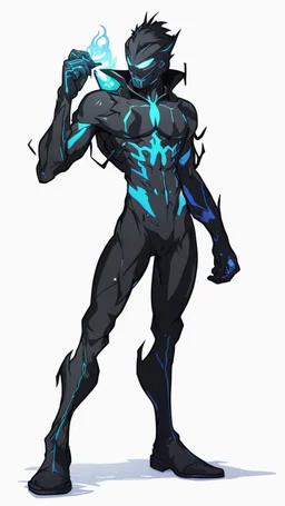 Mix between genji and venom symbiote in solo leveling shadow style with neon glowing blue