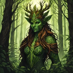 create a female shadowed forest spirit guardian , with highly detailed, sharply lined facial features, in the deep forest of Brokilon , finely drawn, boldly inked, in vibrant, soft woodland colors, otherworldly and beautiful