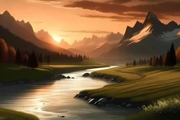 Швейцарский пейзаж с горами и рекой в закатное время в реалистичном виде