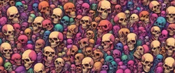 a field of 1000s of cartoonish, anatomically correct, skulls, vivid RANDOM BRIGHT neon colors, dark comedy, well lit, high detail, photorealistic, horrorcore, fun, scary, dead, 100% detail on all drawn, nothing partial or filler, by disney