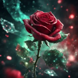 the epic shot of a crystalized red rose with its green stem, 8k resolution, fantasy concept art, dynamic lighting, cinematic, epic glowing galaxy background, deep depth of field, 3D, constellation map, fractal crack effect, 16k resolution photorealistic, bokeh, a masterpiece by Alberto Seveso, breathtaking intricate details, realistic and lifelike cgi diorama, dramatic natural lighting, reflective catchlights, high quality CGI VFX fine art