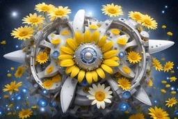 turbina metallica robotica con all'interno tantissime margherite gialle e fiori bianchi con diamanti bianchi gialli e azzurri con raggi di sole e gocce di rugiada sullo sfondo l'universo stellato con le galassie