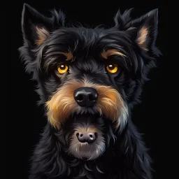 head of an angry scruffy black terrier on black background, yellow eyes, defined teeth, turned to the side, illustration