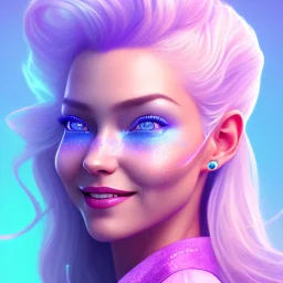 A portrait of a full body crystalised blue pink queen,smiling face, blue eyes, long blond hair, atmospheric, realistic, unreal engine, lighting