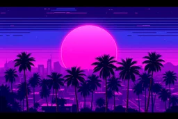 8 bit pixelart of synthwave sun, synthwave color only, palmtrees synthwave, synthwave collored, vaporwave, grid, city skyline,