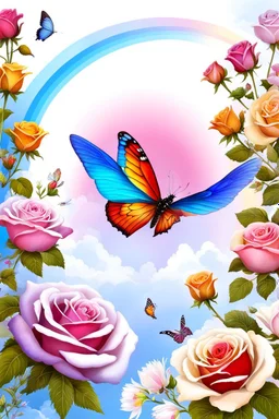Trés belles roses, rainbows, beautiful colors gardens , flowers, cascades,Birds, butterfly