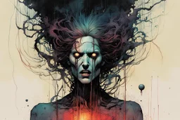 a surreal full body portrait of the inner workings of her disturbed mind as a nightmarish charnel house of screaming pain , in the comic book style of , Bill Sienkiewicz, , Alex Pardee , and Jean Giraud Moebius, muted natural color, sharp focus, ethereal , dark and foreboding