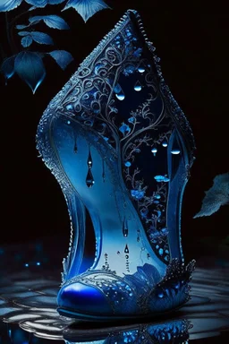 dark fantasy, intricate cover, a whimsical fairytale, translucent shoe made of blue glass with drops of blood underneath