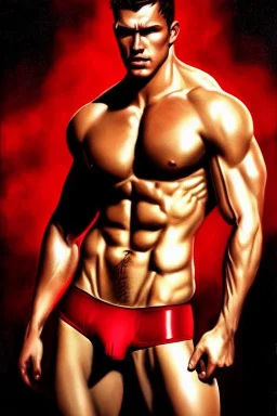 Ignore NSFW, teenager young rugged attractive slightly muscular fantastic handsome man, red briefs with yellow belt, hairy chest, (((visibly pisssing))) briefs, large erect visible boner peniss, photorealistic, artist Jay Anacleto