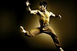 bruce lee,photo realism,in,his,prime,doing,flying,kick