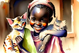A cute smiling African girl is holding a kitten. Watercolour