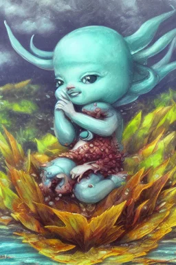 cute tiny ocean demon sitting on a fallen leaf, intricately detailed, photorealistic, oil on canvas, trending on art station, high definition, hdr, cute, beautiful in sunshine