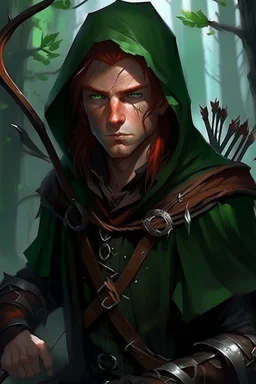 35 year old male rogue elf, thief assassin, purplish red hair, messy hair, bright green eyes, brown skin, black hood, black leather, messy, disheveled, trees, sneaky, bow and arrows, long and lean